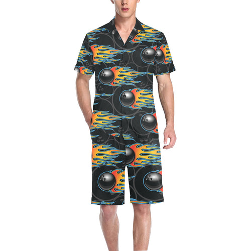 Bowling balls flame pattern Men's V-Neck Short Pajama Set