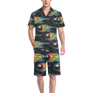 Bowling balls flame pattern Men's V-Neck Short Pajama Set