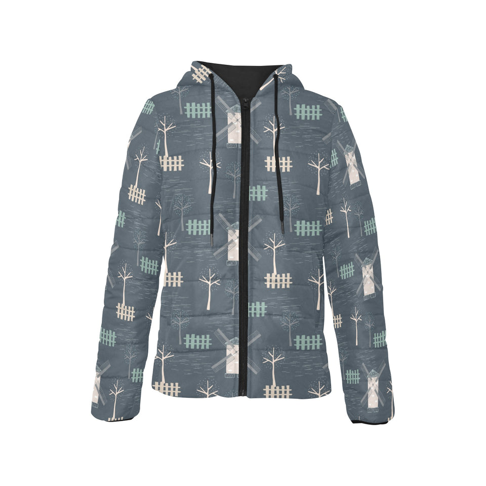windmill tree pattern Women's Padded Hooded Jacket