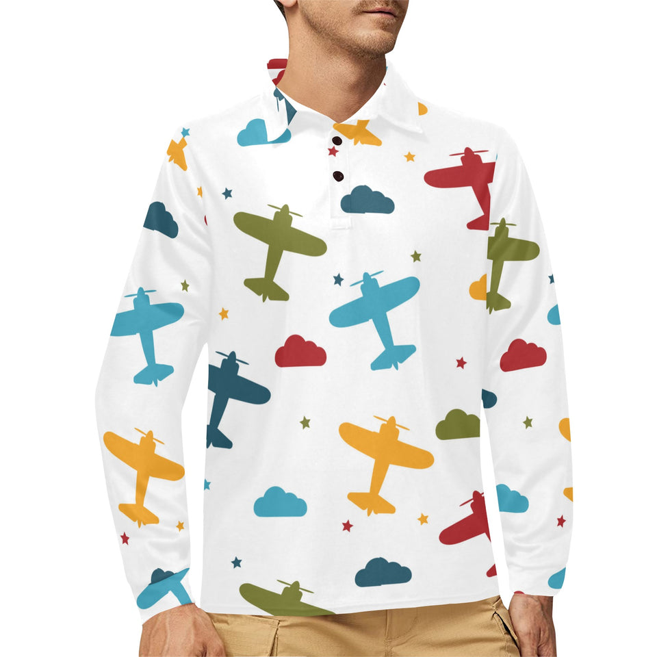 Airplane star cloud colorful Men's Long Sleeve Polo Shirt