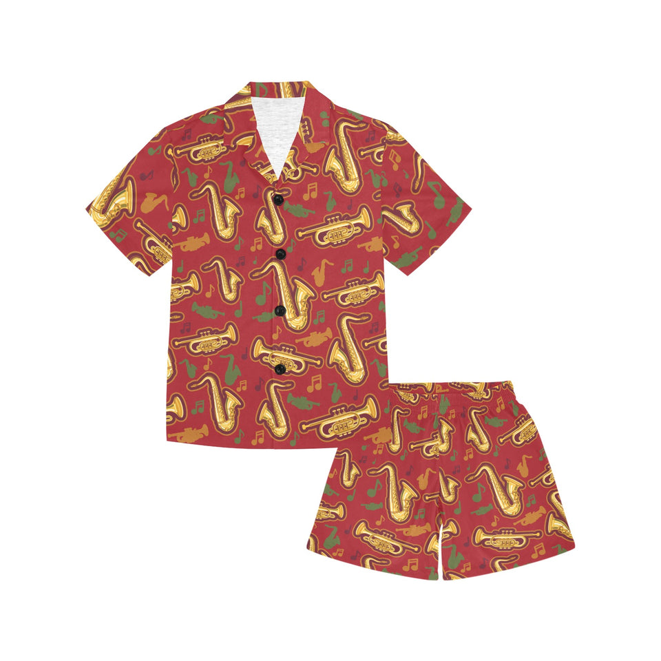 Saxophone cornet pattern red background Kids' Boys' Girls' V-Neck Short Pajama Set