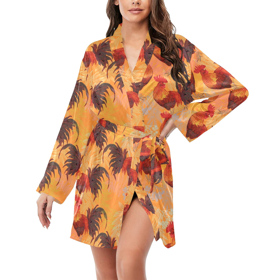 red rooster chicken cock pattern Women's Long Sleeve Belted Night Robe