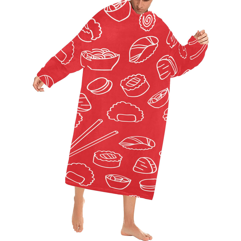 sushi pattern red background Blanket Robe with Sleeves