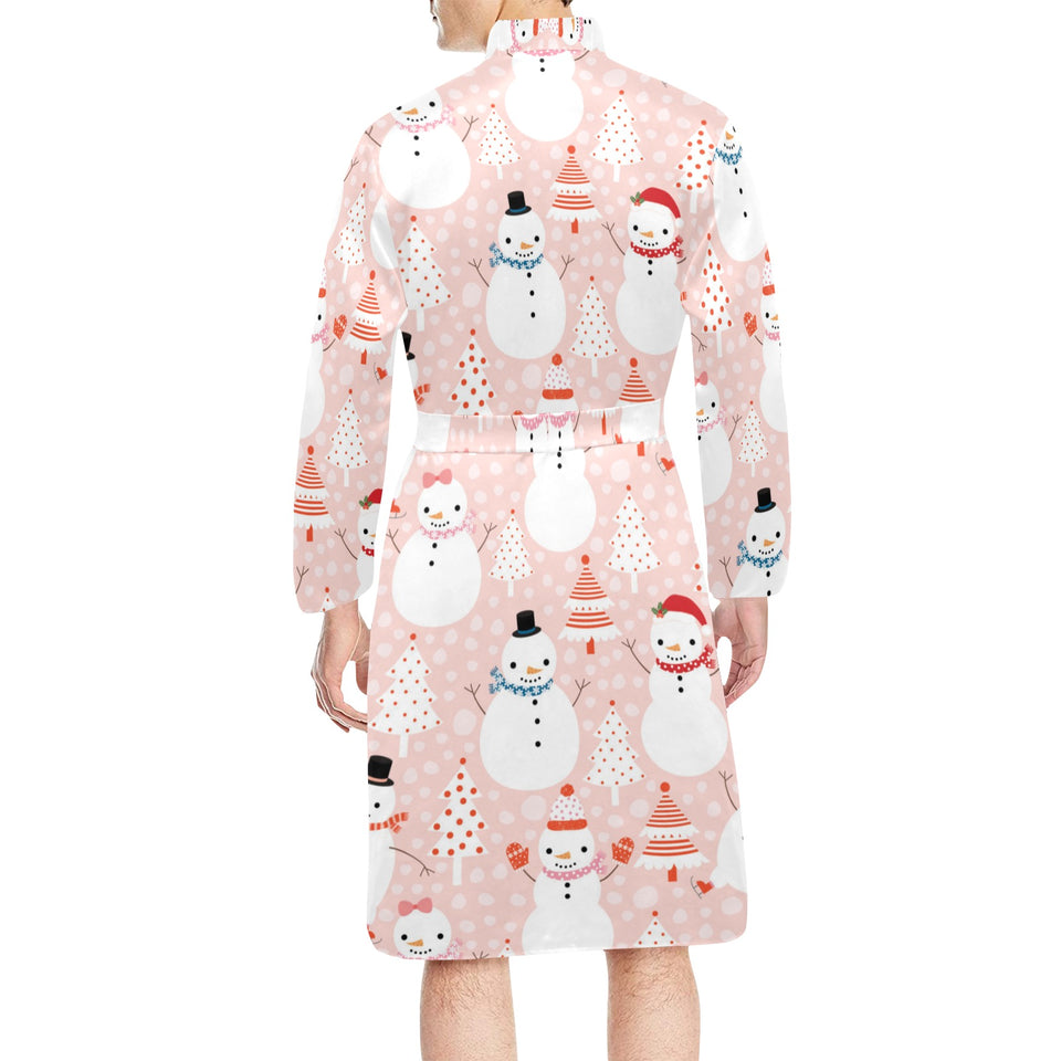 Cute snowman christmas tree snowpink background Men's Long Sleeve Belted Night Robe