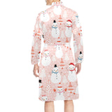 Cute snowman christmas tree snowpink background Men's Long Sleeve Belted Night Robe