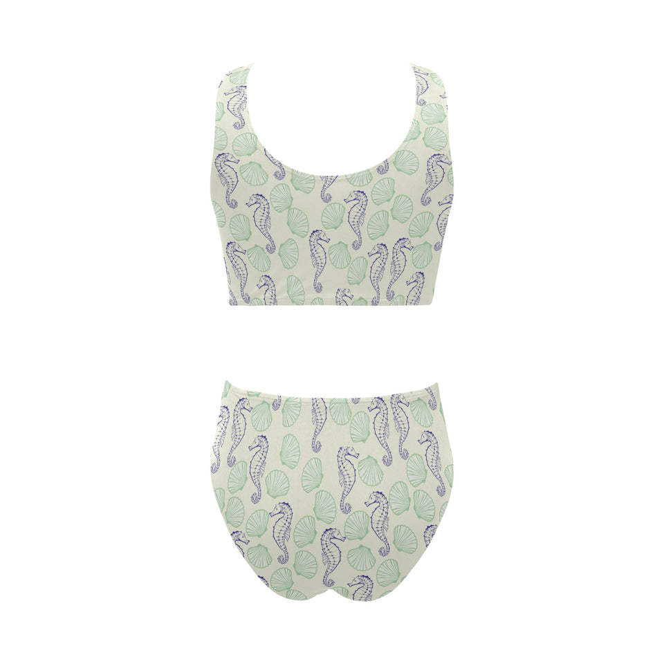 Seahorse shell pattern Chest Bowknot High Waisted Bikini Swimsuit