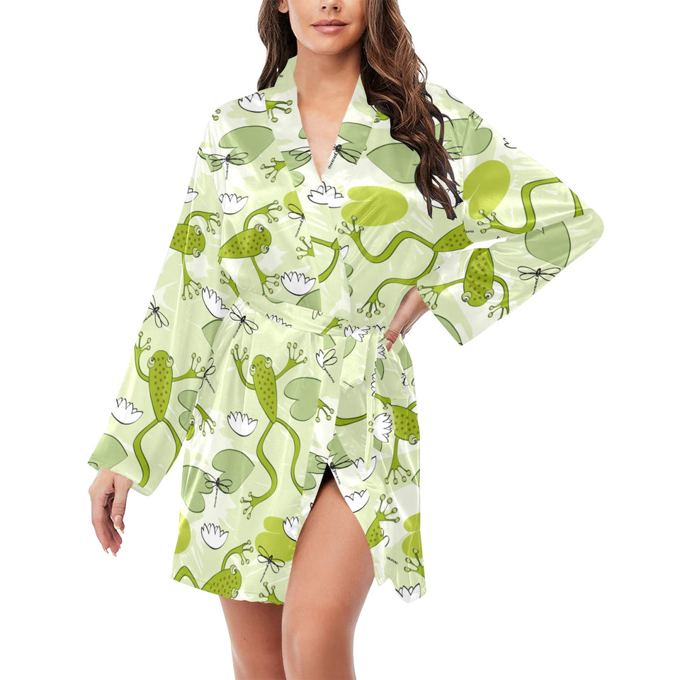 Cute frog dragonfly pattern Women's Long Sleeve Belted Night Robe