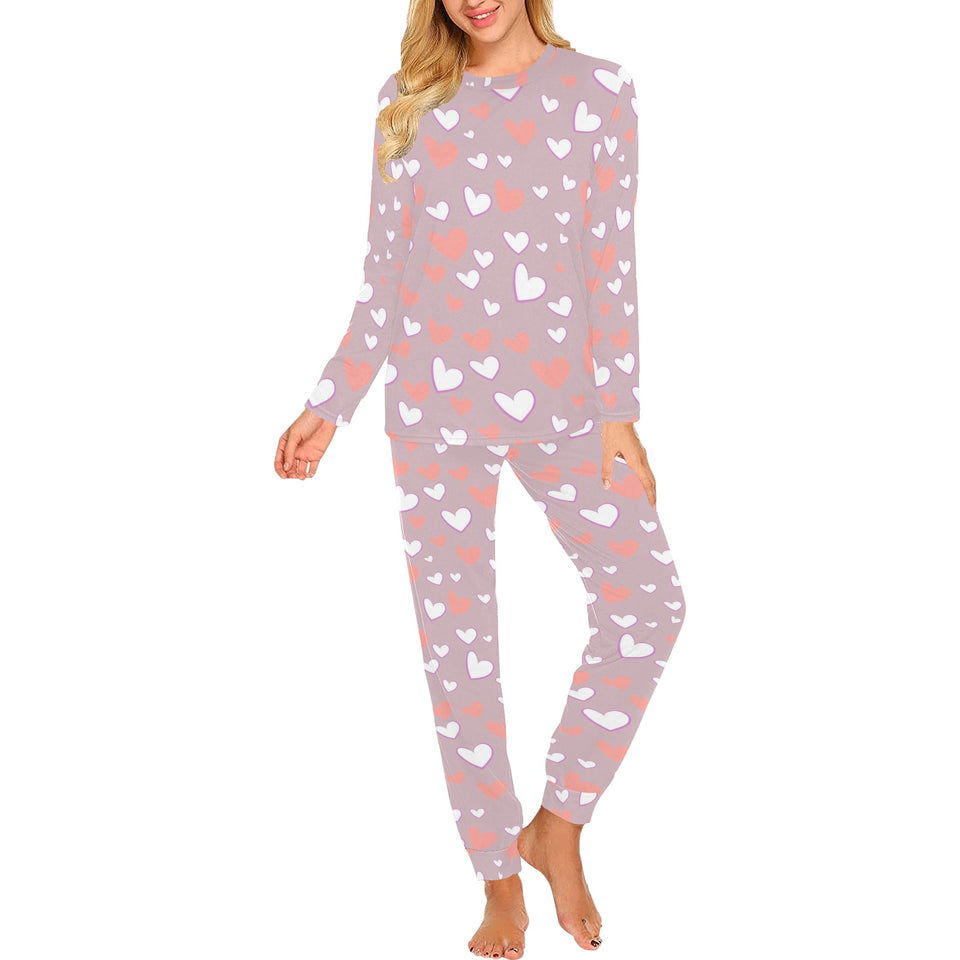 coral white heart pattern Women's All Over Print Pajama Set