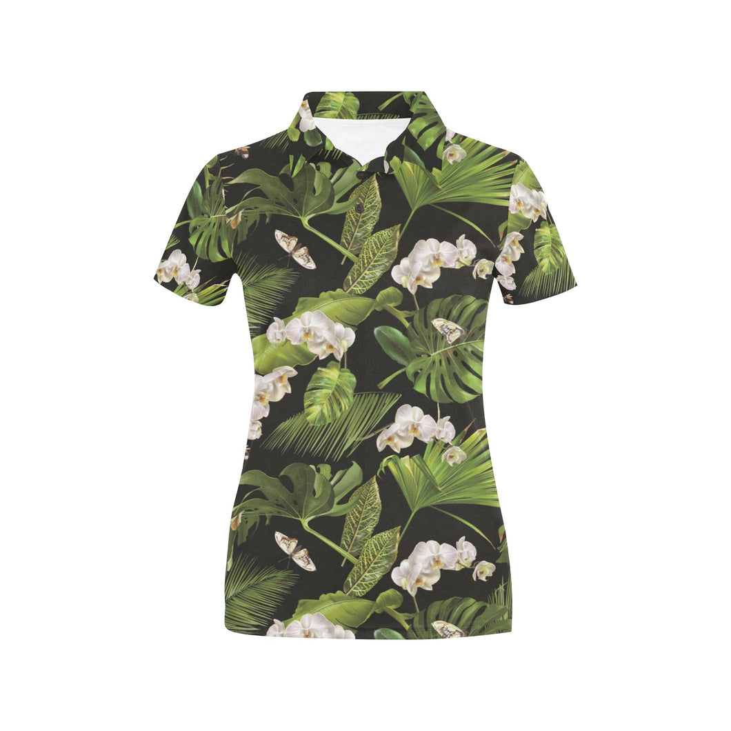 White orchid flower tropical leaves pattern blackg Women's All Over Print Polo Shirt
