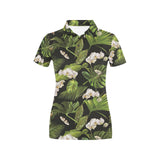 White orchid flower tropical leaves pattern blackg Women's All Over Print Polo Shirt