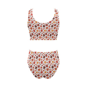 Colorful Maple Leaf pattern Chest Bowknot High Waisted Bikini Swimsuit