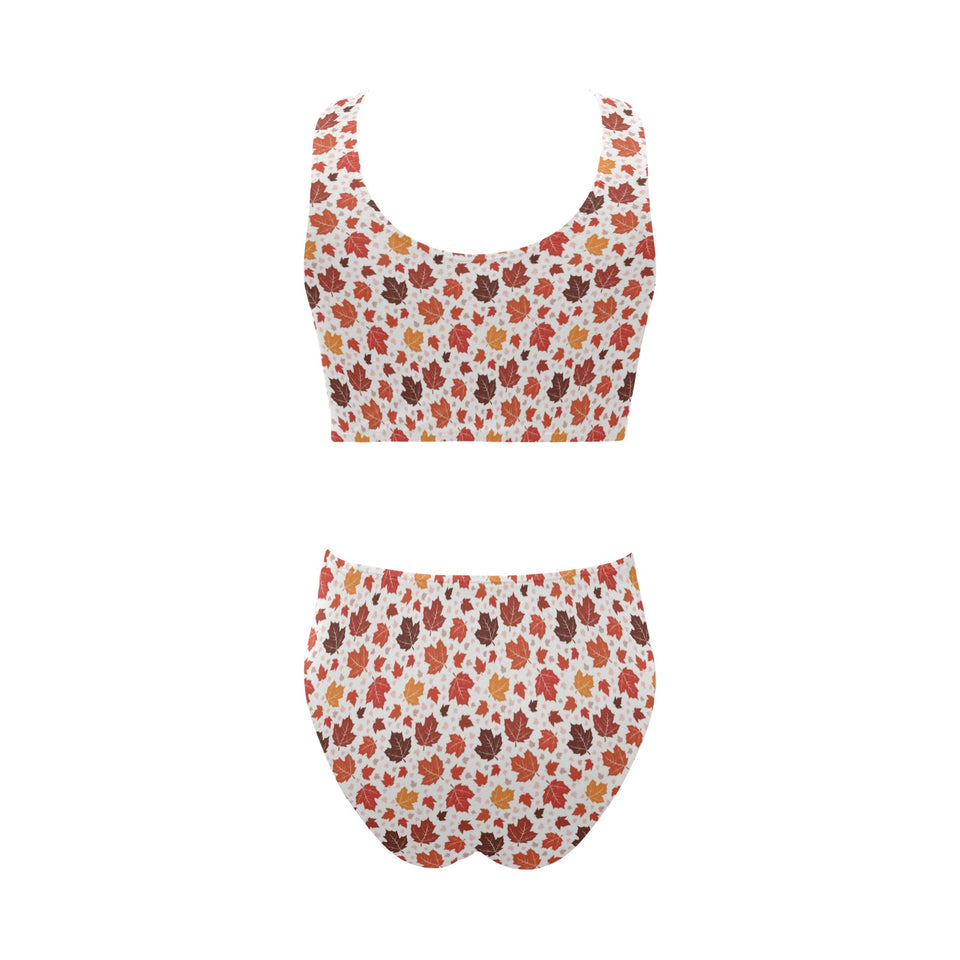 Colorful Maple Leaf pattern Chest Bowknot High Waisted Bikini Swimsuit