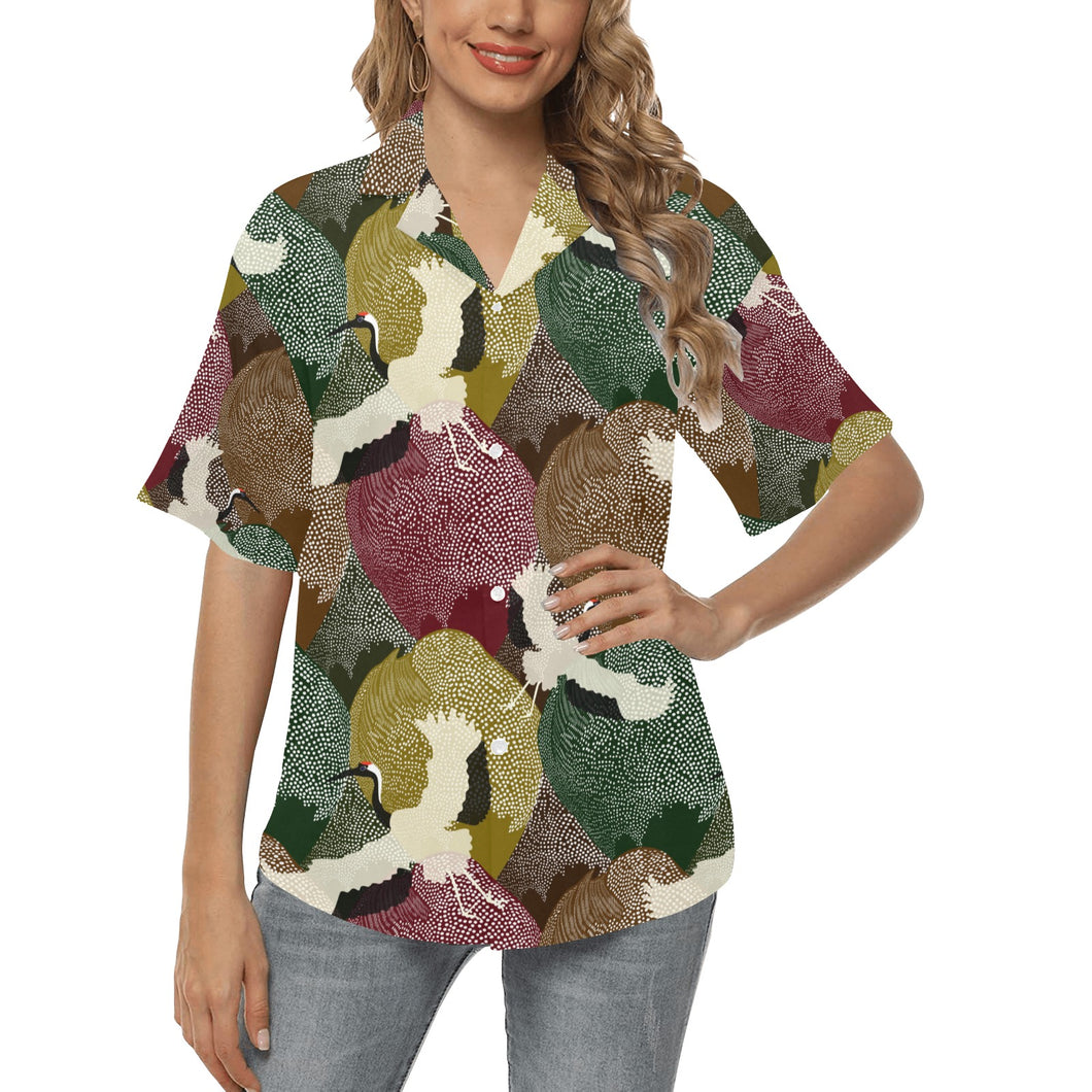 Japanese cranes flying forest dot pattern Women's All Over Print Hawaiian Shirt