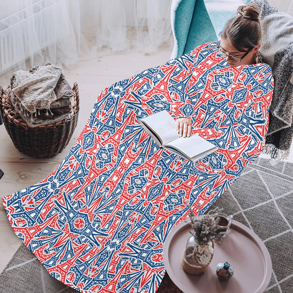 Blue Red Eiffel Tower Pattern Print Design 02 Blanket Robe with Sleeves