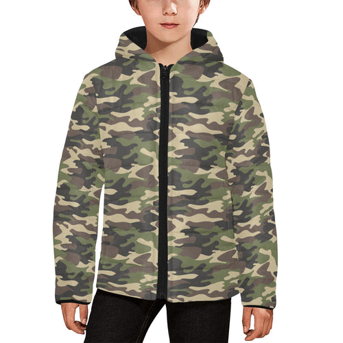 Dark Green camouflage pattern Kids' Boys' Girls' Padded Hooded Jacket