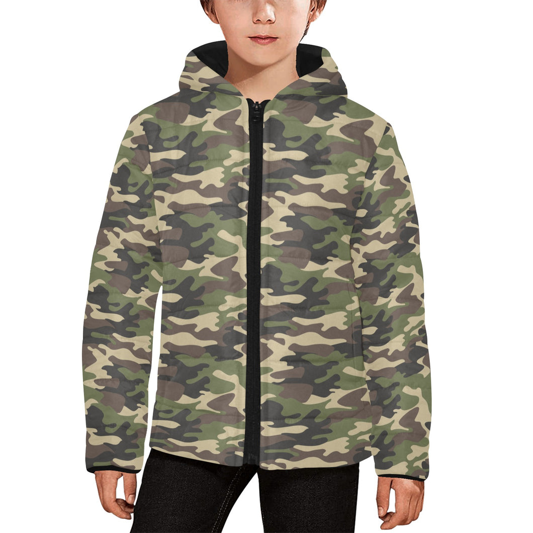 Dark Green camouflage pattern Kids' Boys' Girls' Padded Hooded Jacket