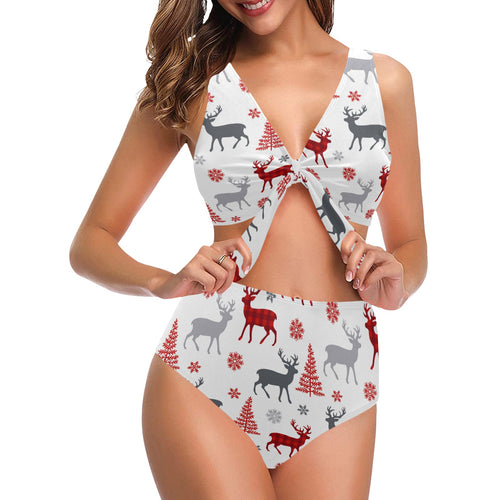 Deer tree snowflakes chrismas pattern Chest Bowknot High Waisted Bikini Swimsuit