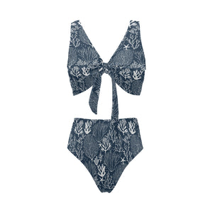 Coral Reef Pattern Print Design 05 Chest Bowknot High Waisted Bikini Swimsuit