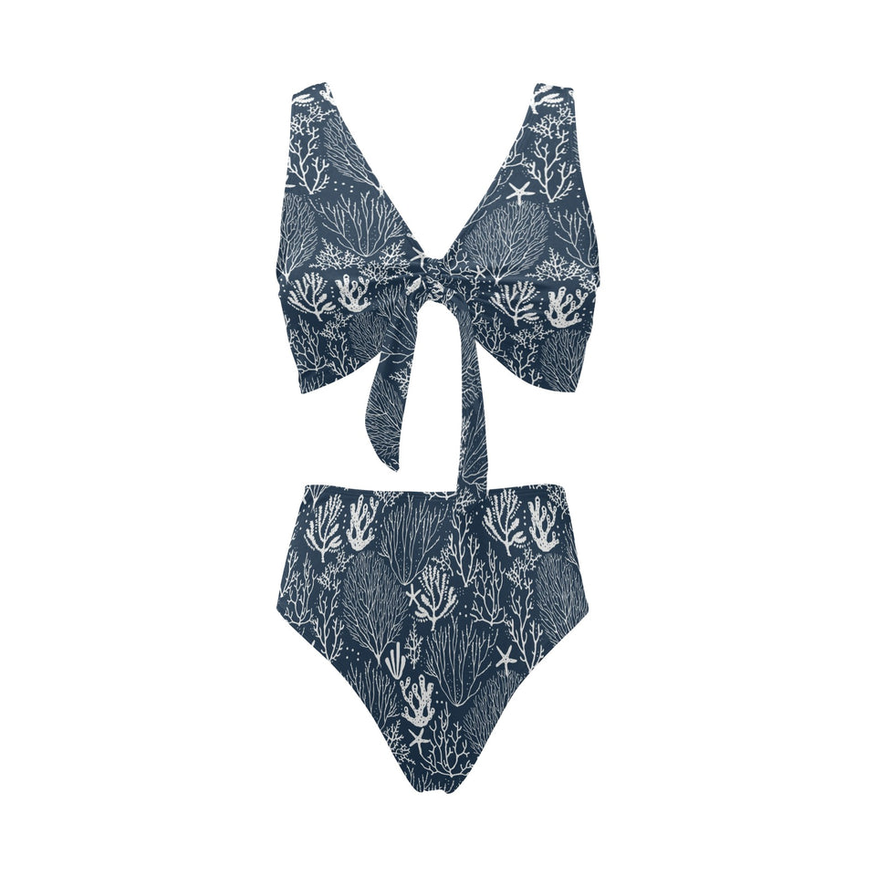 Coral Reef Pattern Print Design 05 Chest Bowknot High Waisted Bikini Swimsuit
