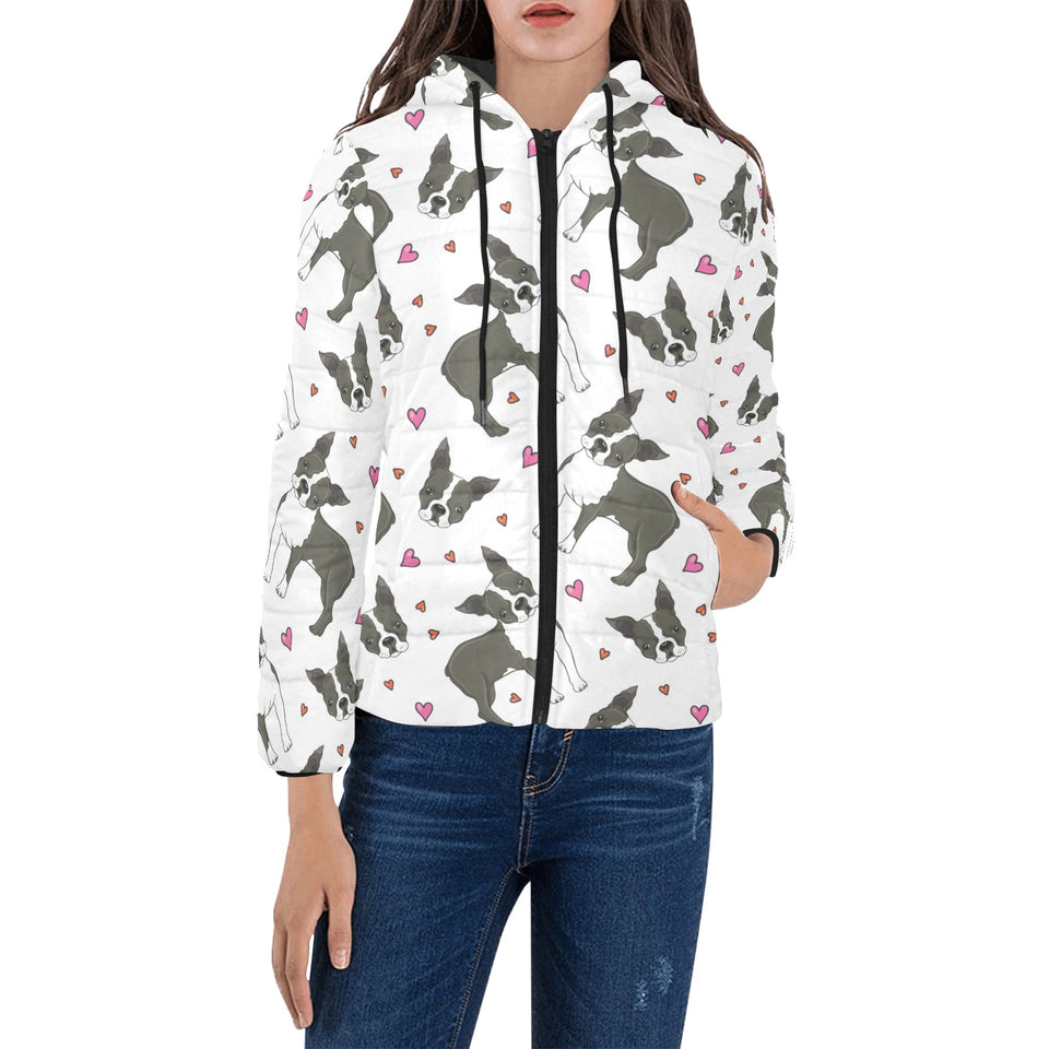 Boston terrier dog hearts vector pattern Women's Padded Hooded Jacket