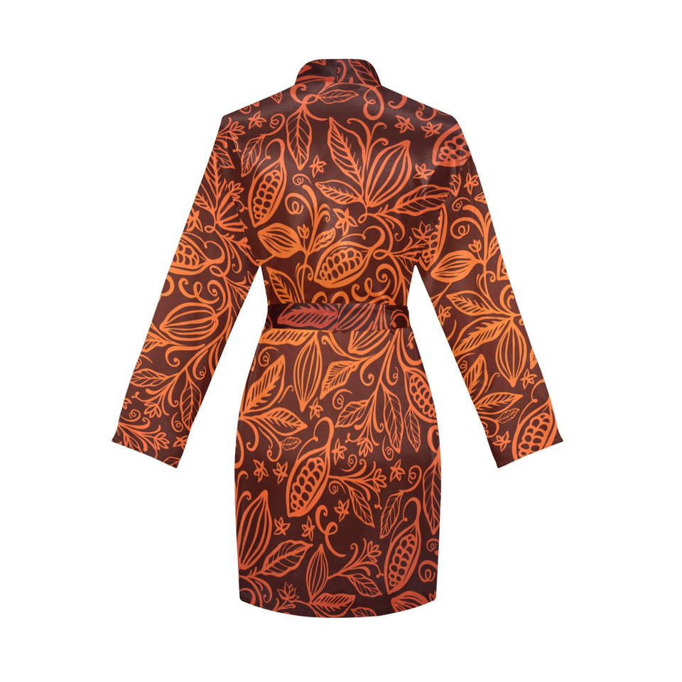 cacao beans tribal polynesian pattern Women's Long Sleeve Belted Night Robe