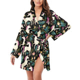 Unicorns forest background Women's Long Sleeve Belted Night Robe
