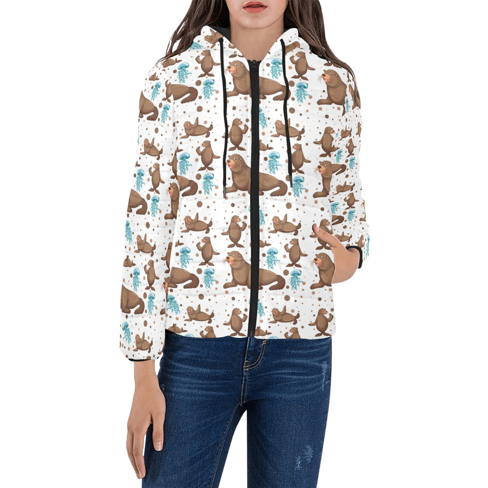 sea lion Seals jellyfish pattern Women's Padded Hooded Jacket