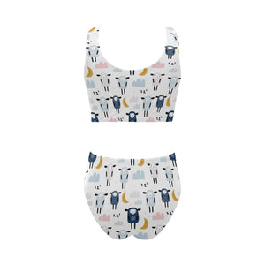 Cute sleeping sheep moon cloud pattern Chest Bowknot High Waisted Bikini Swimsuit