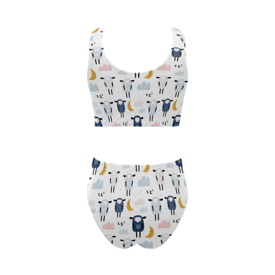 Cute sleeping sheep moon cloud pattern Chest Bowknot High Waisted Bikini Swimsuit