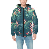 heliconia flowers, palm and monstera leaves on bla Men's Padded Hooded Jacket
