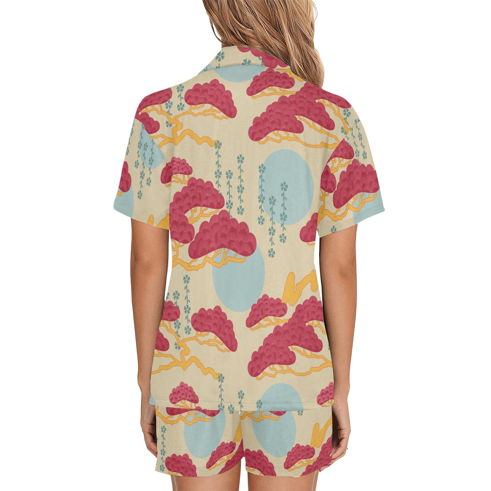 Red Bonsai gray sun japanese pattern Women's V-Neck Short Pajama Set