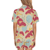 Red Bonsai gray sun japanese pattern Women's V-Neck Short Pajama Set