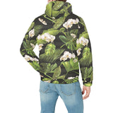 White orchid flower tropical leaves pattern blackg Men's Padded Hooded Jacket