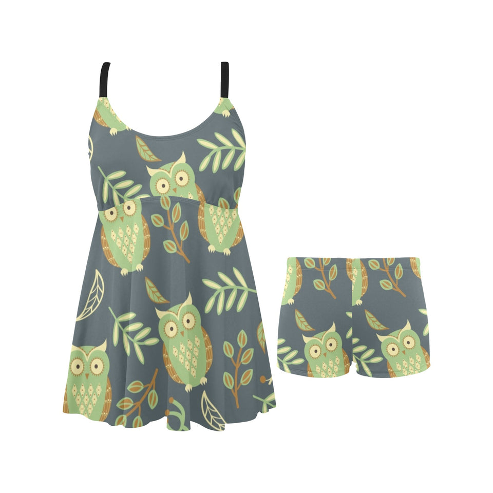 Cute owls leaves pattern Chest Sexy Pleated Two Piece Swim Dress