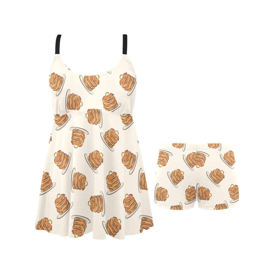 Pancake Pattern Print Design 01 Chest Sexy Pleated Two Piece Swim Dress