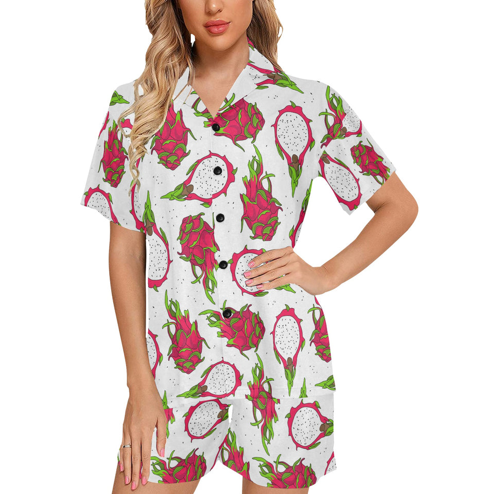 dragon fruits white background Women's V-Neck Short Pajama Set