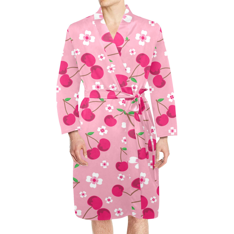cherry flower pattern pink background Men's Long Sleeve Belted Night Robe