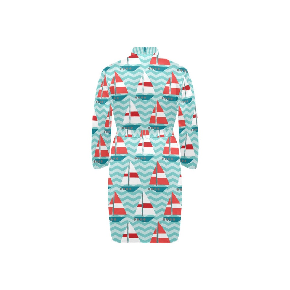 Red White sailboat wave background Men's Long Sleeve Belted Night Robe