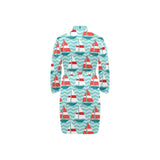 Red White sailboat wave background Men's Long Sleeve Belted Night Robe