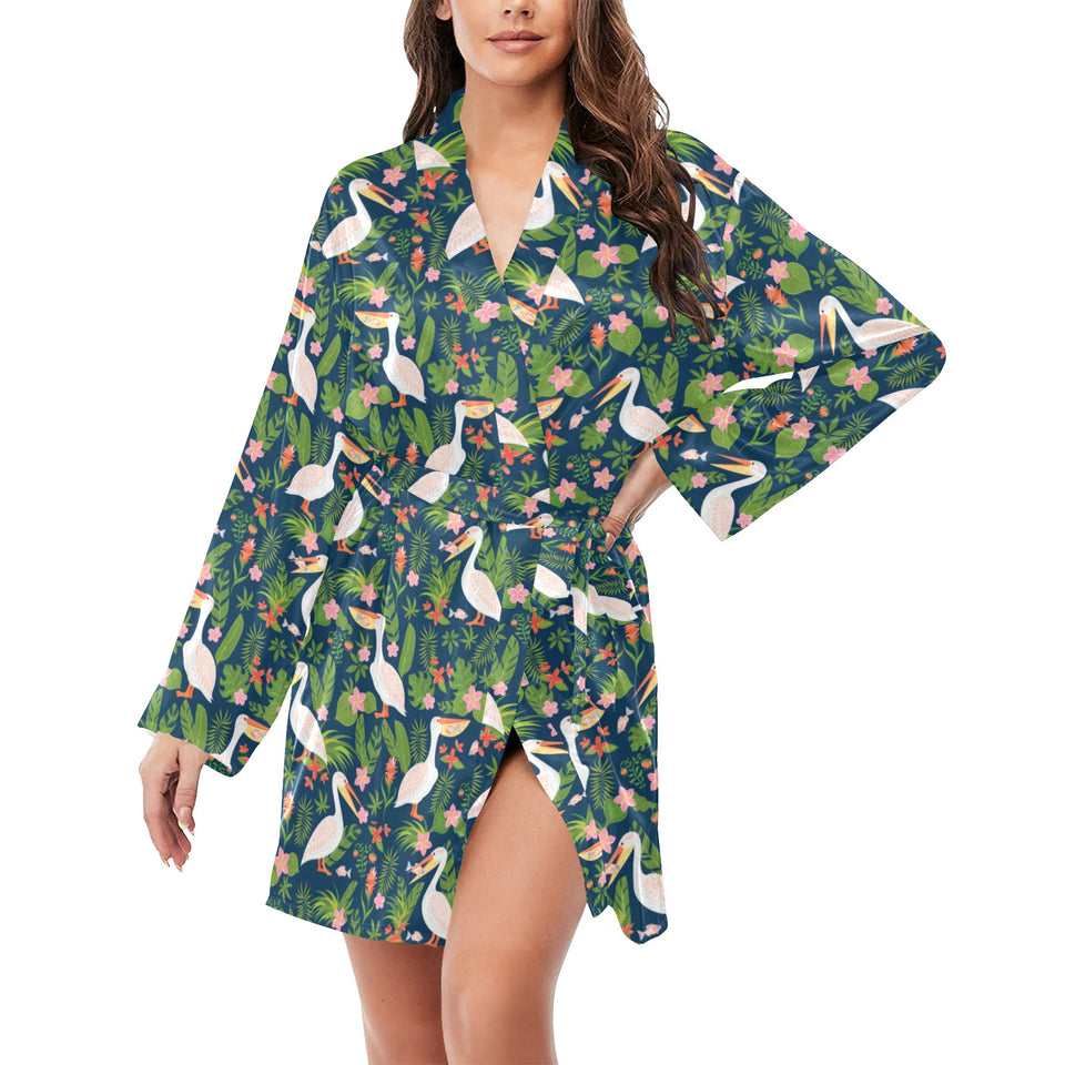 Pelican Pattern Print Design 05 Women's Long Sleeve Belted Night Robe