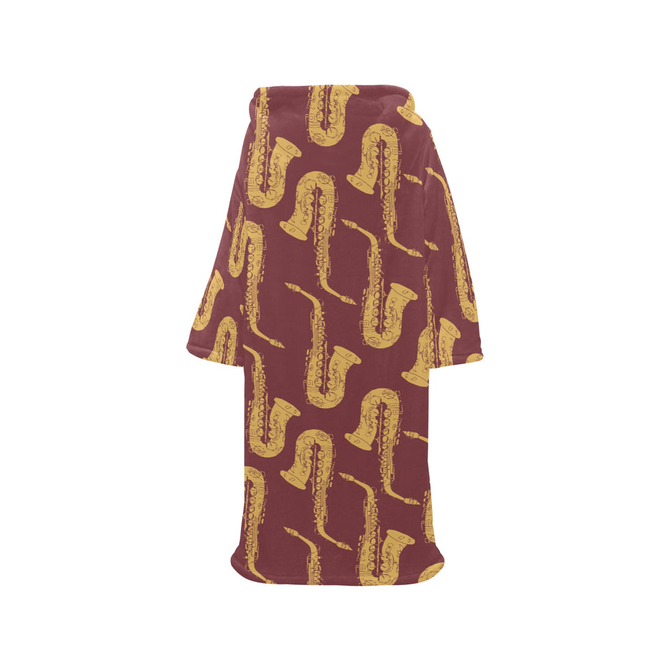 Hand drawn gold saxophone red background Blanket Robe with Sleeves