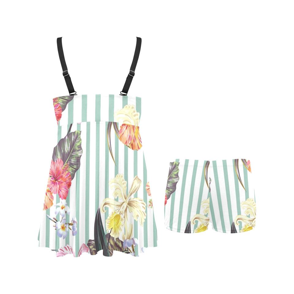 Colorful orchid flower pattern Chest Sexy Pleated Two Piece Swim Dress