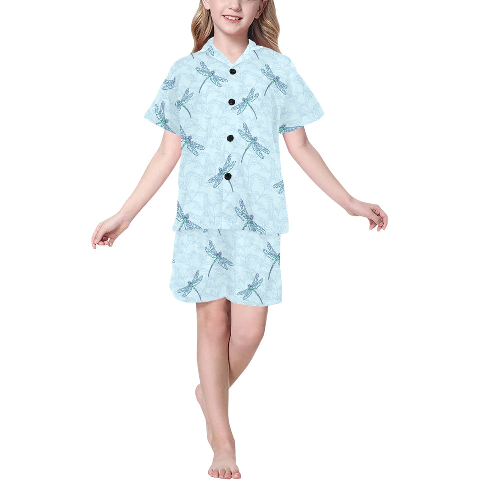 Dragonfly pattern blue background Kids' Boys' Girls' V-Neck Short Pajama Set