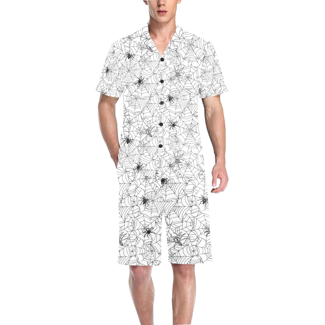 Spider web cobweb pattern Men's V-Neck Short Pajama Set
