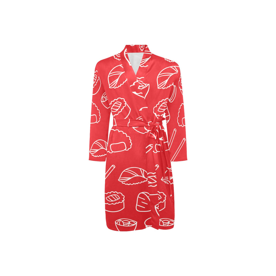 sushi pattern red background Men's Long Sleeve Belted Night Robe