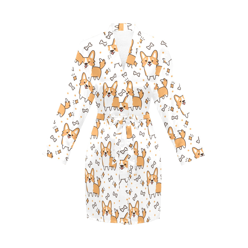 Cute corgi heart star bone pattern Women's Long Sleeve Belted Night Robe
