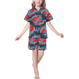 Koi Fish Carp Fishs hand drawn japanese art Kids' Boys' Girls' V-Neck Short Pajama Set