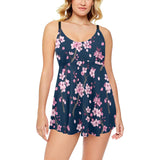 Pink sakura cherry blossom blue background Chest Sexy Pleated Two Piece Swim Dress