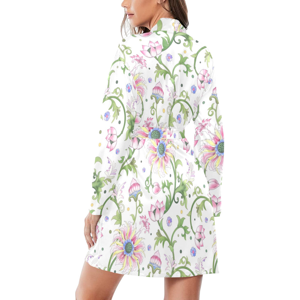 Beautiful pink lotus waterlily leaves pattern Women's Long Sleeve Belted Night Robe