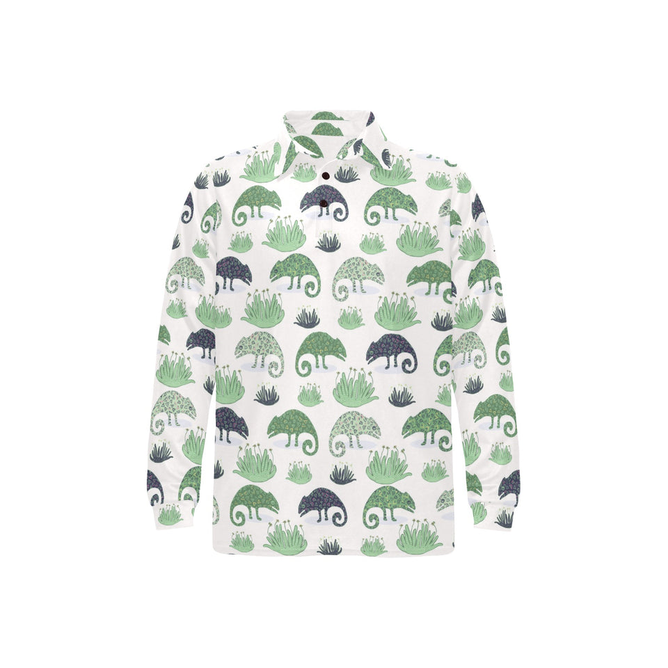 Chameleon lizard succulent plant pattern Men's Long Sleeve Polo Shirt